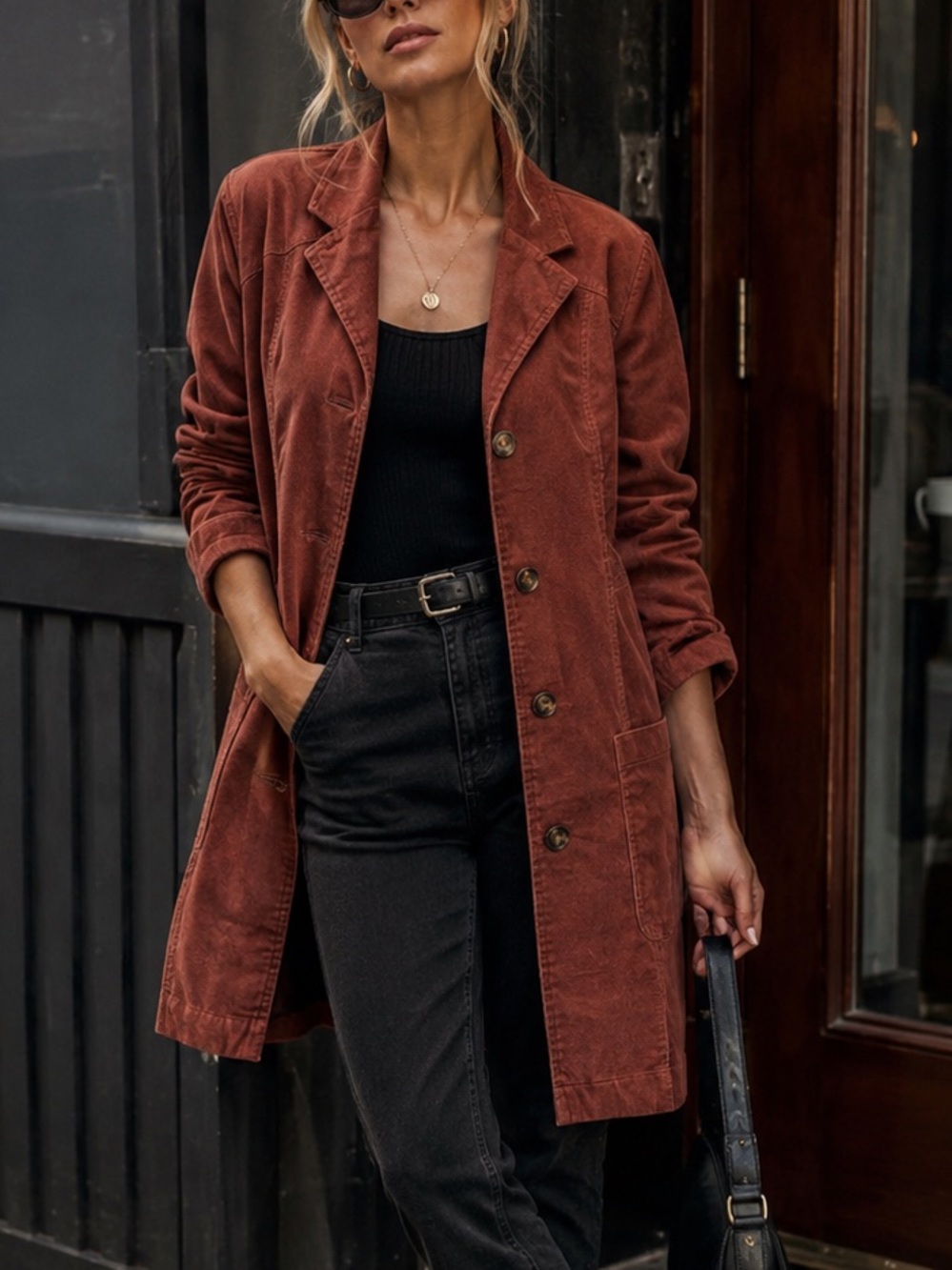 RVCA Corduroy Trench Coat in Rust Brown